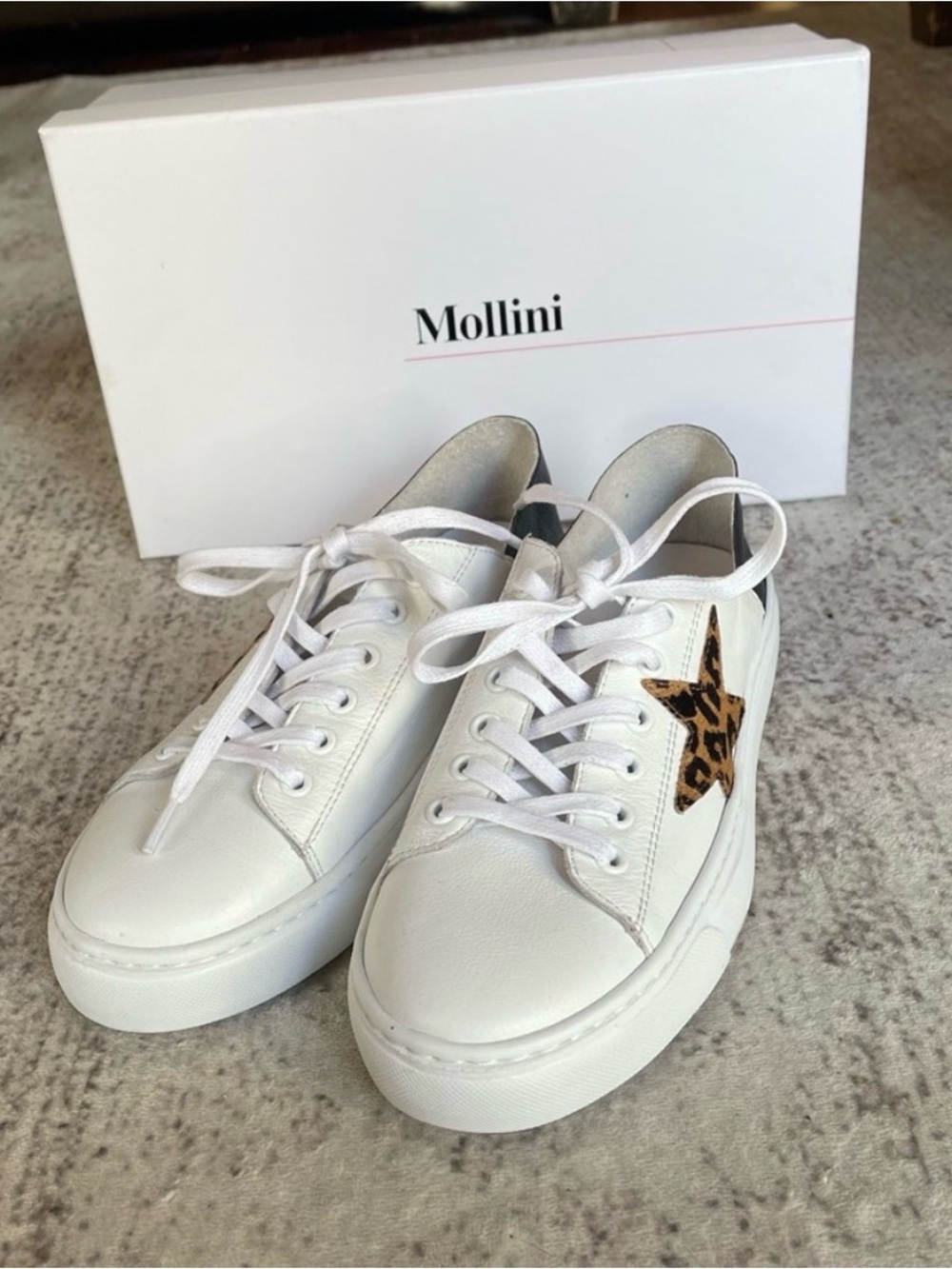 Mollini White soft leather Sneakers with Leopard Star and Black Heel